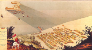 Dibujo de la Ciudad de Veracruz y San Juan de Ulúa en 1615. Se le llamaba Ciudad de Tablas debido a que las casas eran de madera con techos de palma.