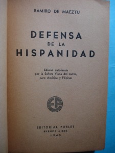 Portada de "Defensa de la hispanidad", de Maeztu, en una edición de Poblet (Buenos Aires, 1945) para América y Filipinas.