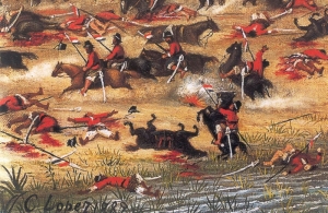 Detalle de un cuadro de Cándido Lópz, pintor que ilurstró ampliamente la Guerra del Paraguay. este conflicto fue promovido y financiado por Gran Bretaña y su aliado el Imperio del Brasil, y fue una autántica guerra de exterminio que acabó con la mayor parte de la población masculina paraguaya.