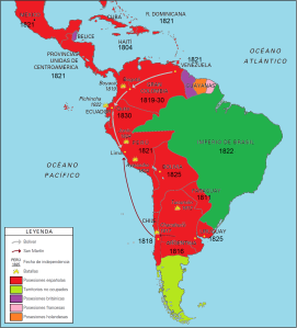 La unidad de Hispanoamérica (en color rolo en el mapa) se resquebrajó con las guerras de independencia.