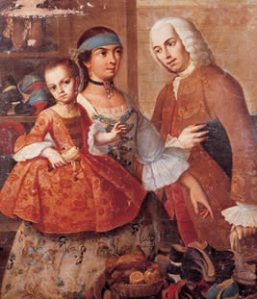 Representación del mestizaje en la América hispana en un cuadro de Miguel Cabrera de 1763 (Museo de América, Madrid).