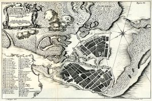 Plano de Cartagena de las Indias realizado en 1735 y publicado en la Obra Relación Histórica del Viaje a la América Meridional, de Jorge Juan y Antonio de Ulloa.