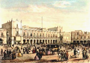 El Palacio Municipal (Palacio de la Diputación) en una litografía de Casimiro Castro, publicada en al álbum México y sus Alrededores (1855).