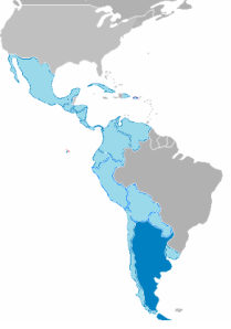 Argentina (en azul oscuro) dentro de Hispanoamérica. El Noroeste del país siempre ha estado geopolítica y económicamente más vinculado al Pacífico que al Atlántico.