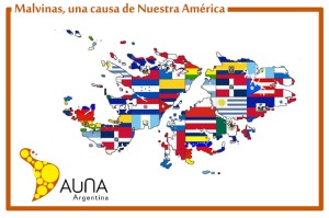 Composición gráfica de las islas Malvinas, con las banderas de todos los Estados hispanoamericanos.