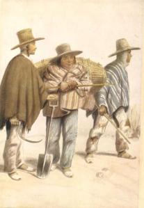 Tipos blanco e indio mestizo de la provincia de Tunja, sgún una acuarela de mediados del siglo XIX (Hojas de Cultura Popular Colombiana, Nº 36, 1953).