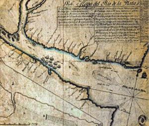 Mapa del Río de la Plata donde se muestra la entrada de los invasores ingleses
