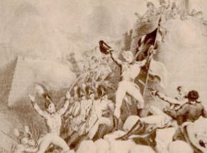 Detalle de la obra "Asalto de los Ingleses a la brecha de la Ciudadela" del artista E. F. Burney. Toma de la Ciudad de Montevideo el 3 de febrero de 1807, durante las Invasiones Inglesas