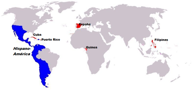 Los territorios que estuvieron unidos bajo la Monarquía Católica (Hispanidad). Hispanoamérica aparece en azul, excepto Cuba y Puerto Rico, en rojo.
